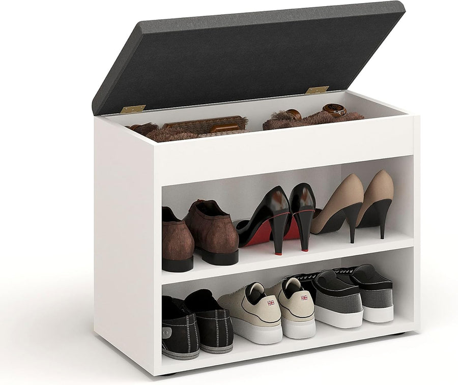 White Shoe Storage Bench with Cushion Hidden Compartment Entryway Seat