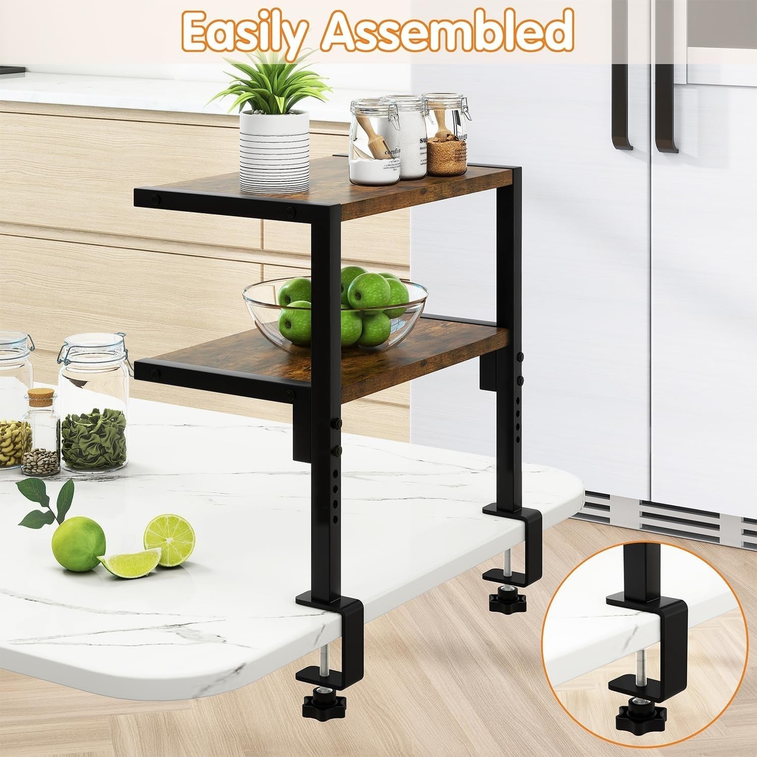 Clamp-On Desk Organizer Shelf 2-Tier Adjustable Storage Rack Rustic Brown 33cm
