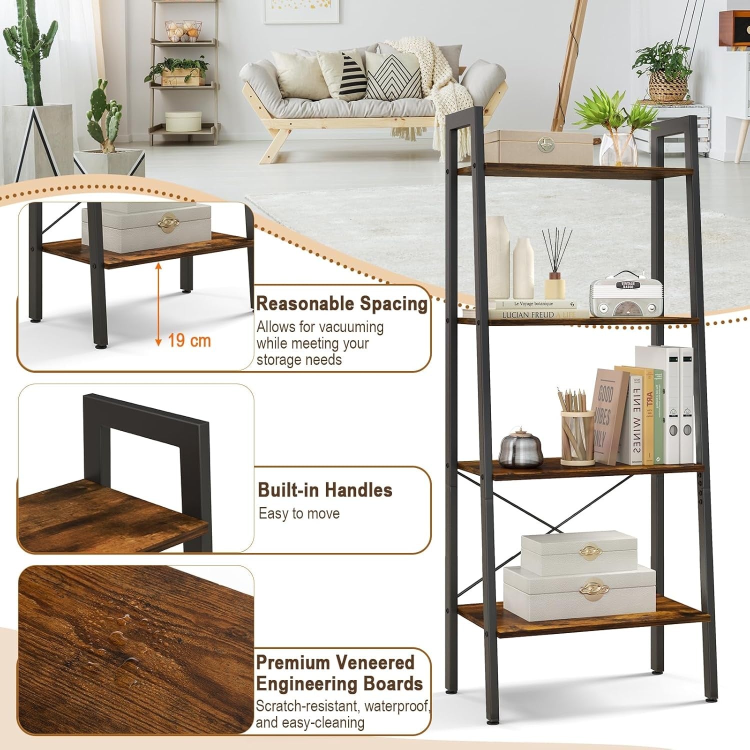 Rustic Brown Industrial Ladder Shelf 4-Tier Freestanding Storage Rack