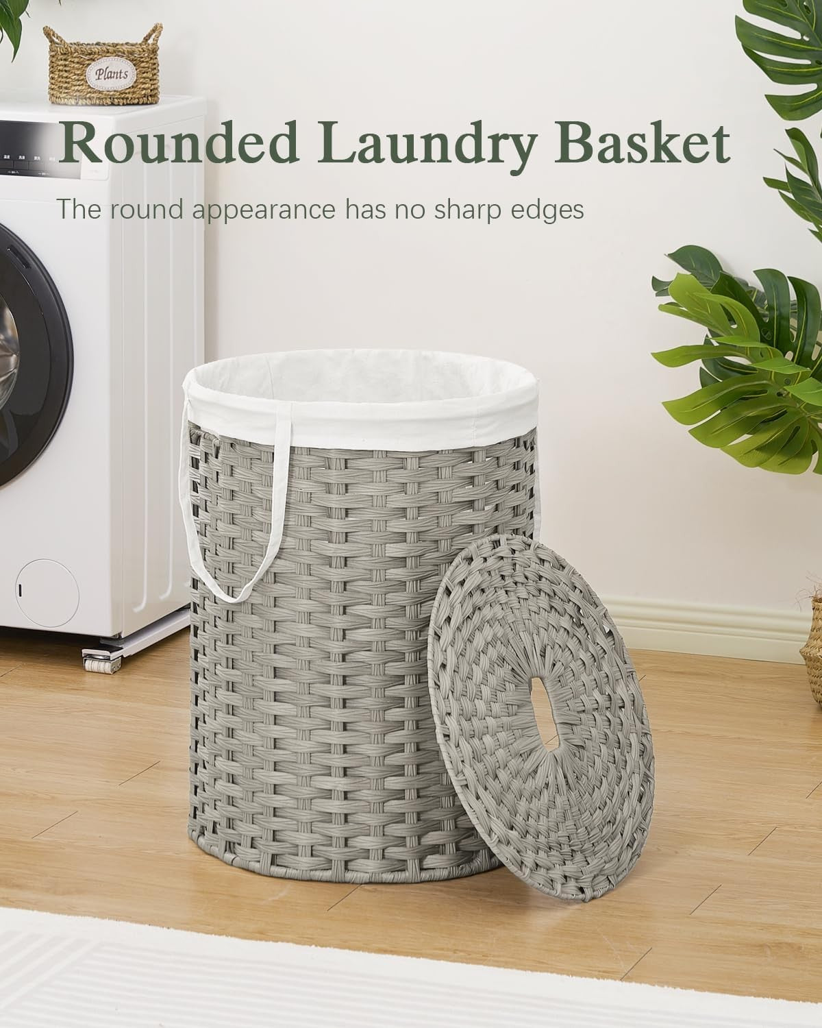 110L Grey Wicker Laundry Basket with Lid Large Round Rattan Hamper Storage