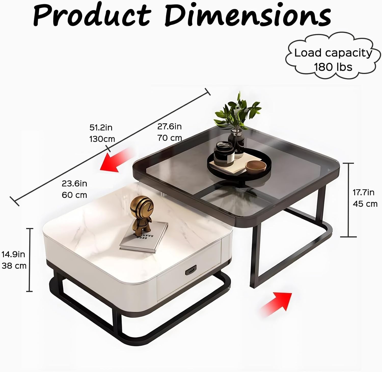 2-in-1 Nesting Coffee Table Set w/ Storage Drawer, Marble & Glass Top, Space.