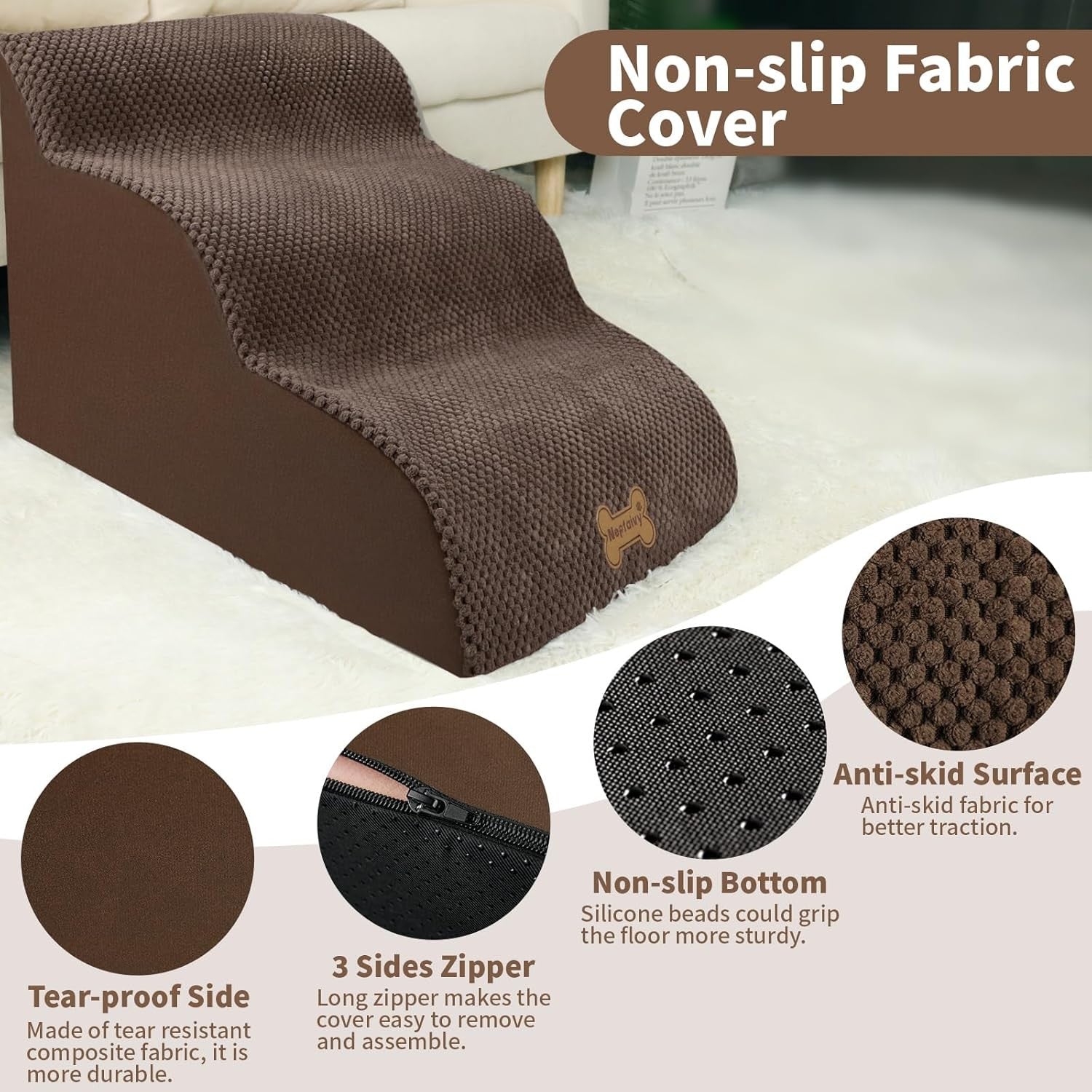3-Step Dog Stairs Non-Slip Pet Ramp Small Dogs Cats Brown