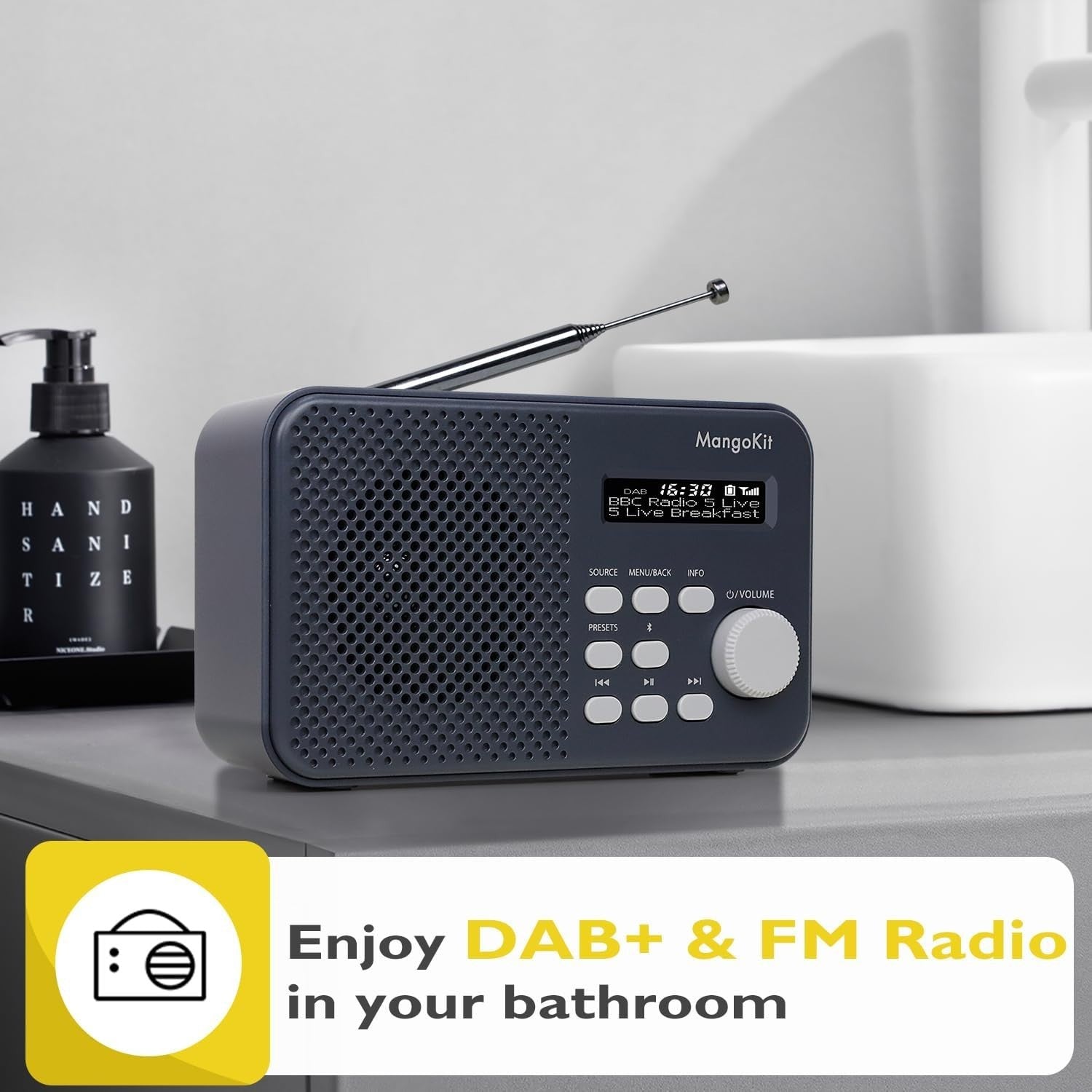 Portable DAB DAB+ FM Radio Bluetooth Kitchen Alarm Dark Grey