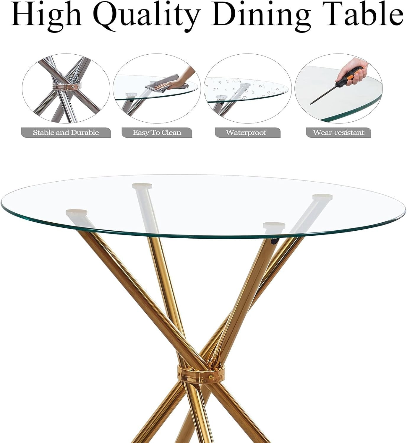 Glass Dining Table Set for 4 Gold Legs Modern Kitchen Small Space 90cm