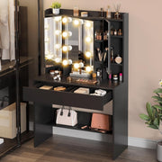 Black Dressing Table Vanity Set with 3 Mirrors, 9 LED Lights, 2 Drawers Storage