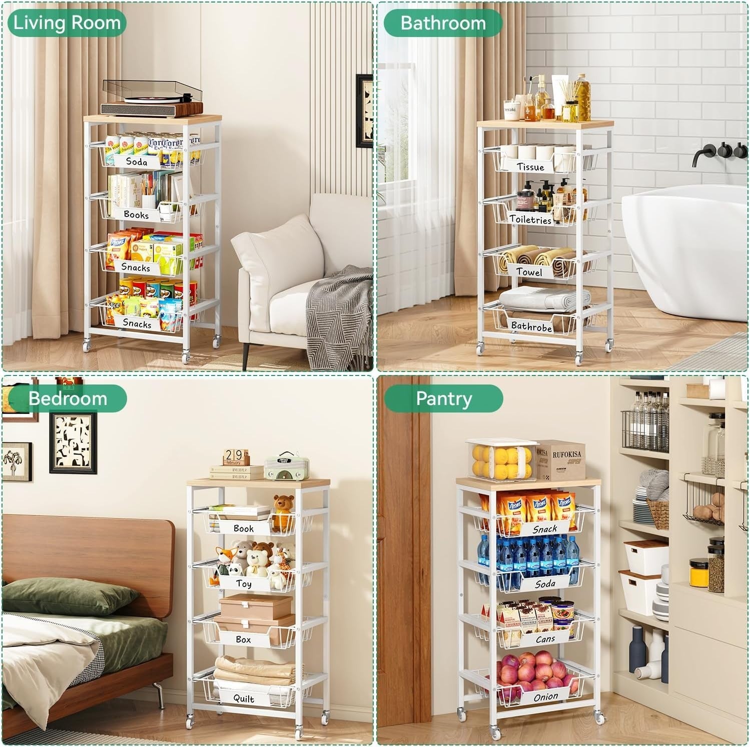 5 Tier Rolling Kitchen Storage Cart Fruit Basket Utility Trolley Wood Top