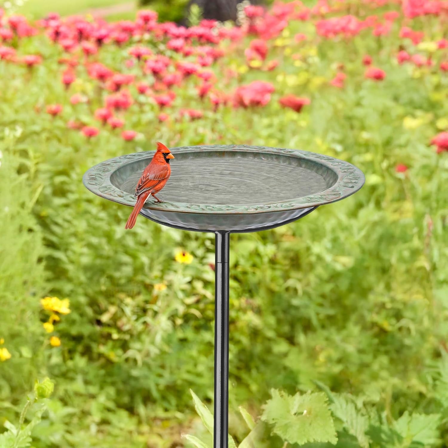 13” Blue Verde Bird Bath on Pole | Outdoor Copper Water Bowl Garden Decor