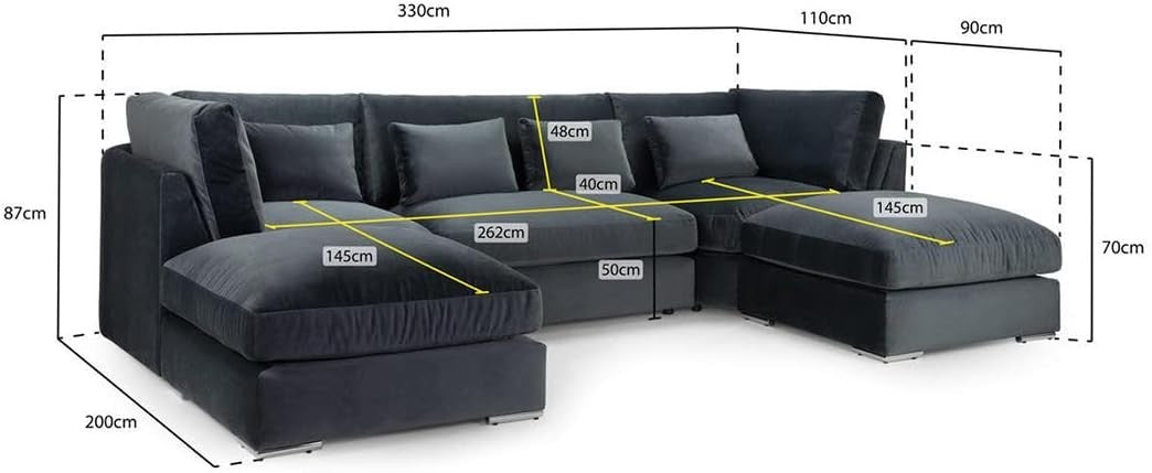 Luxury U Shape Sofa Bed High Back Black Velvet Corner Couch 5 Seater