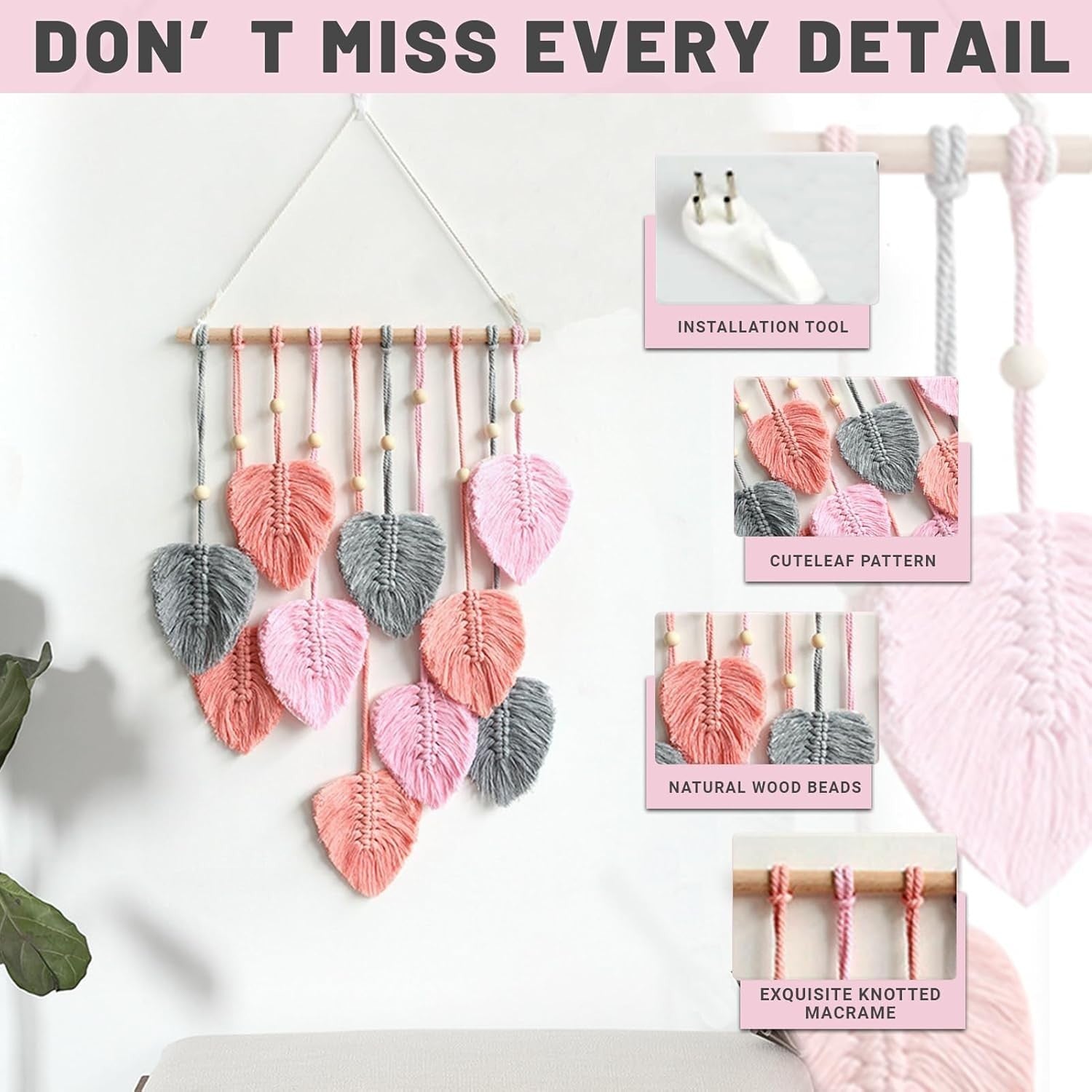 Pink Boho Macrame Leaf Wall Hanging 40x80cm Cotton Tapestry
