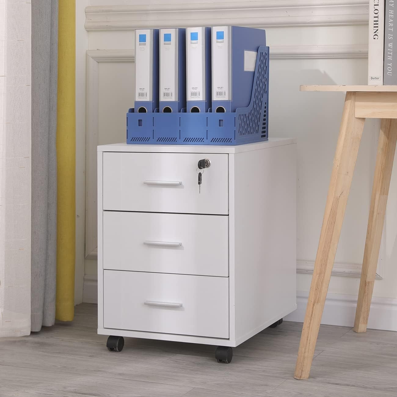 White Lockable Mobile Filing Cabinet 3 Drawer Under Desk Printer Stand
