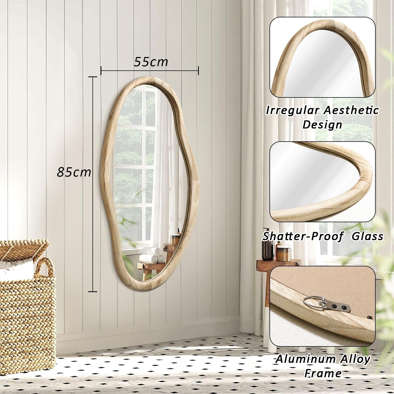 Irregular Wood Wall Mirror 85x55cm Asymmetrical Modern Bathroom Decor