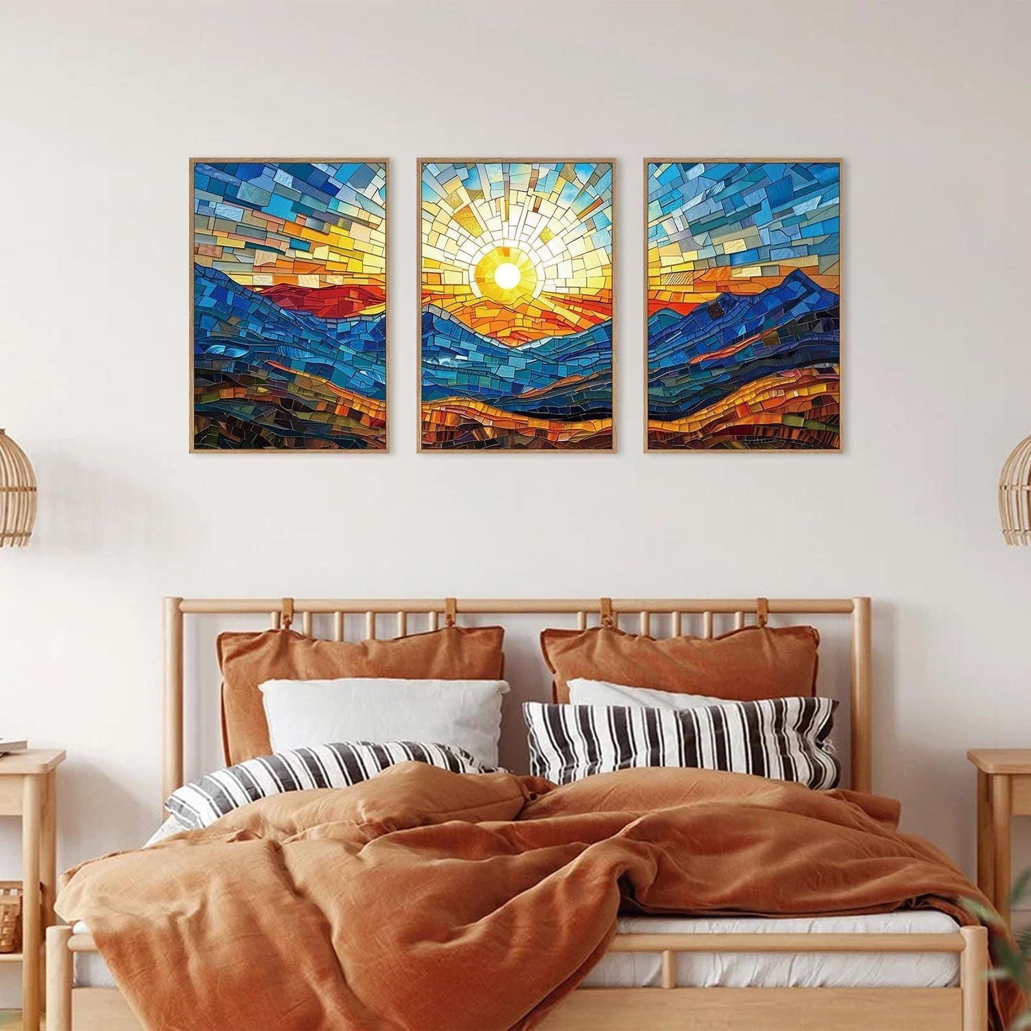 Colorful Abstract Mountain Framed Canvas Wall Art Set 3 Modern Boho Decor