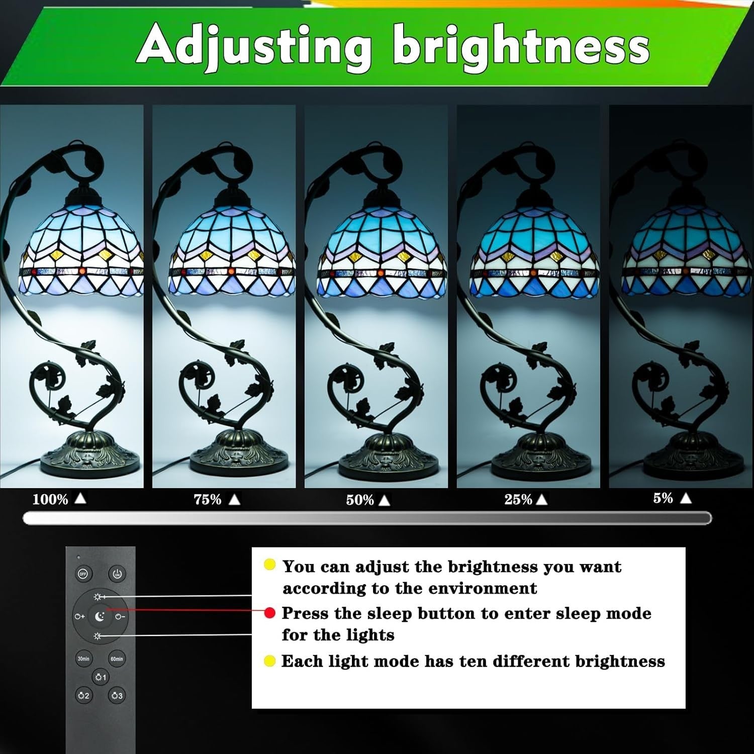 Stained Glass Table Lamp LED Remote Dimming 3 Color Modes for Bedroom