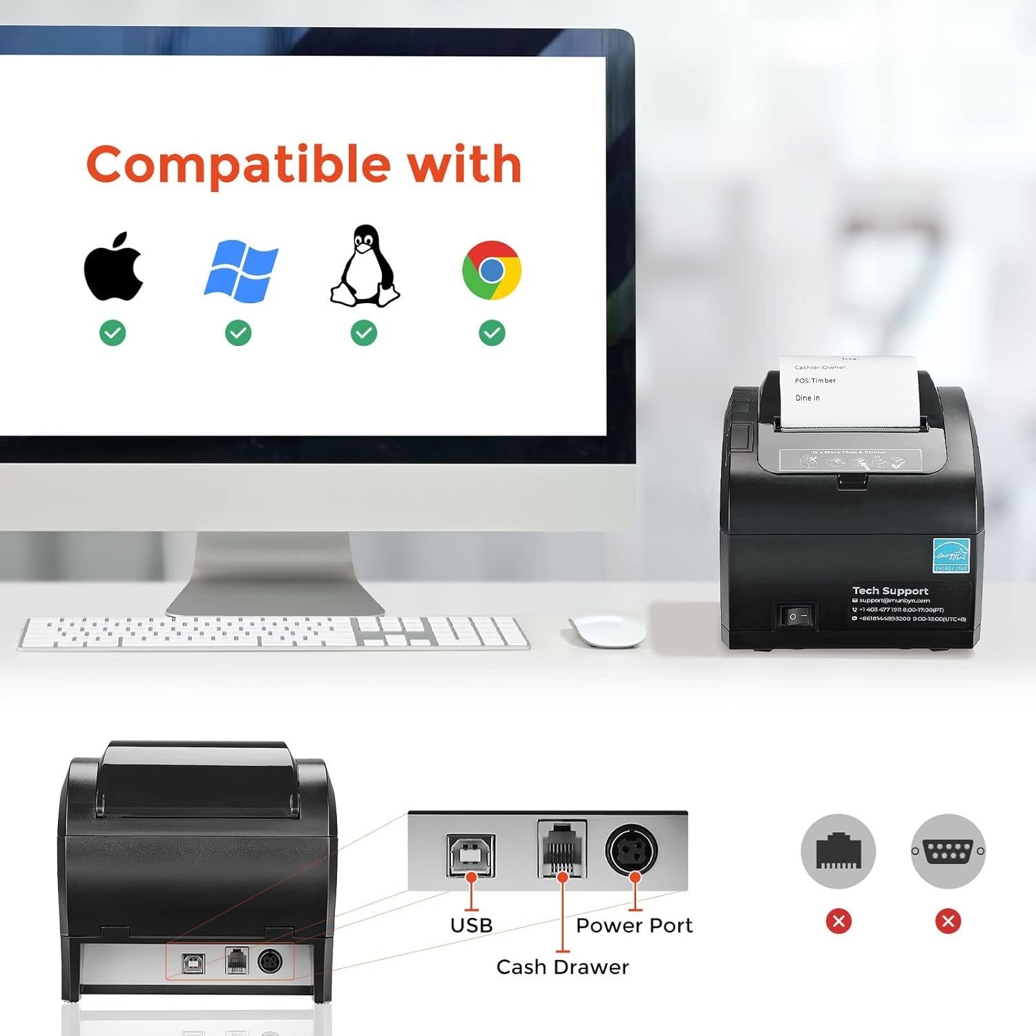 80 mm Thermal POS Receipt Printer USB Wired Auto Cutter for Shop & Kitchen