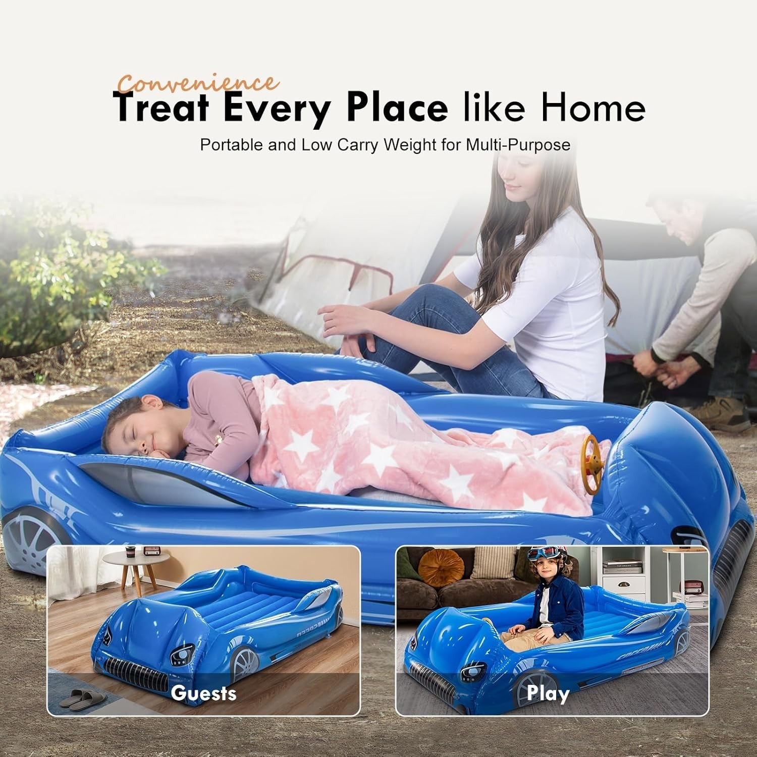 Kids Inflatable Travel Bed Toddler Air Mattress with Safety Sides Blue