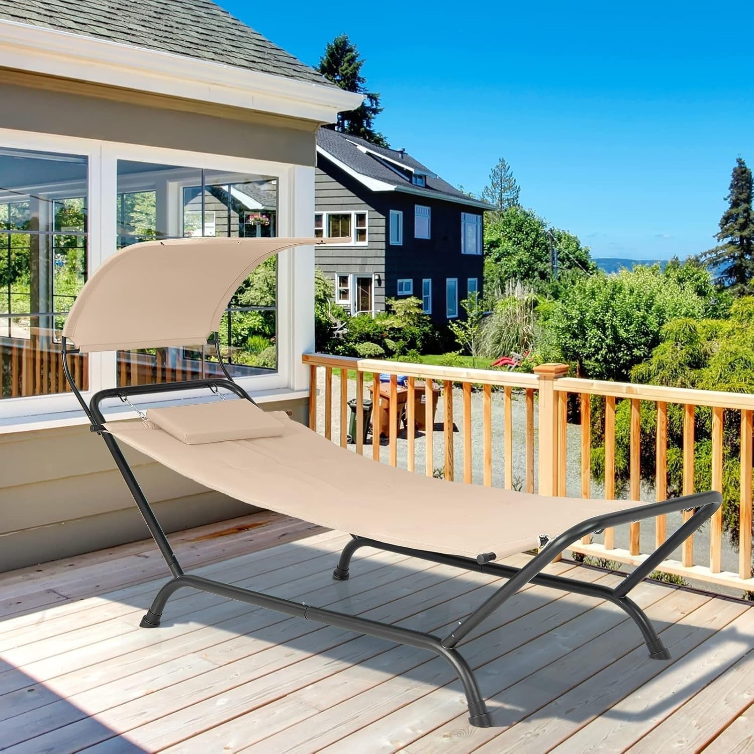 Beige Outdoor Hammock with Stand, Canopy & Cushion, Patio Swing Lounger