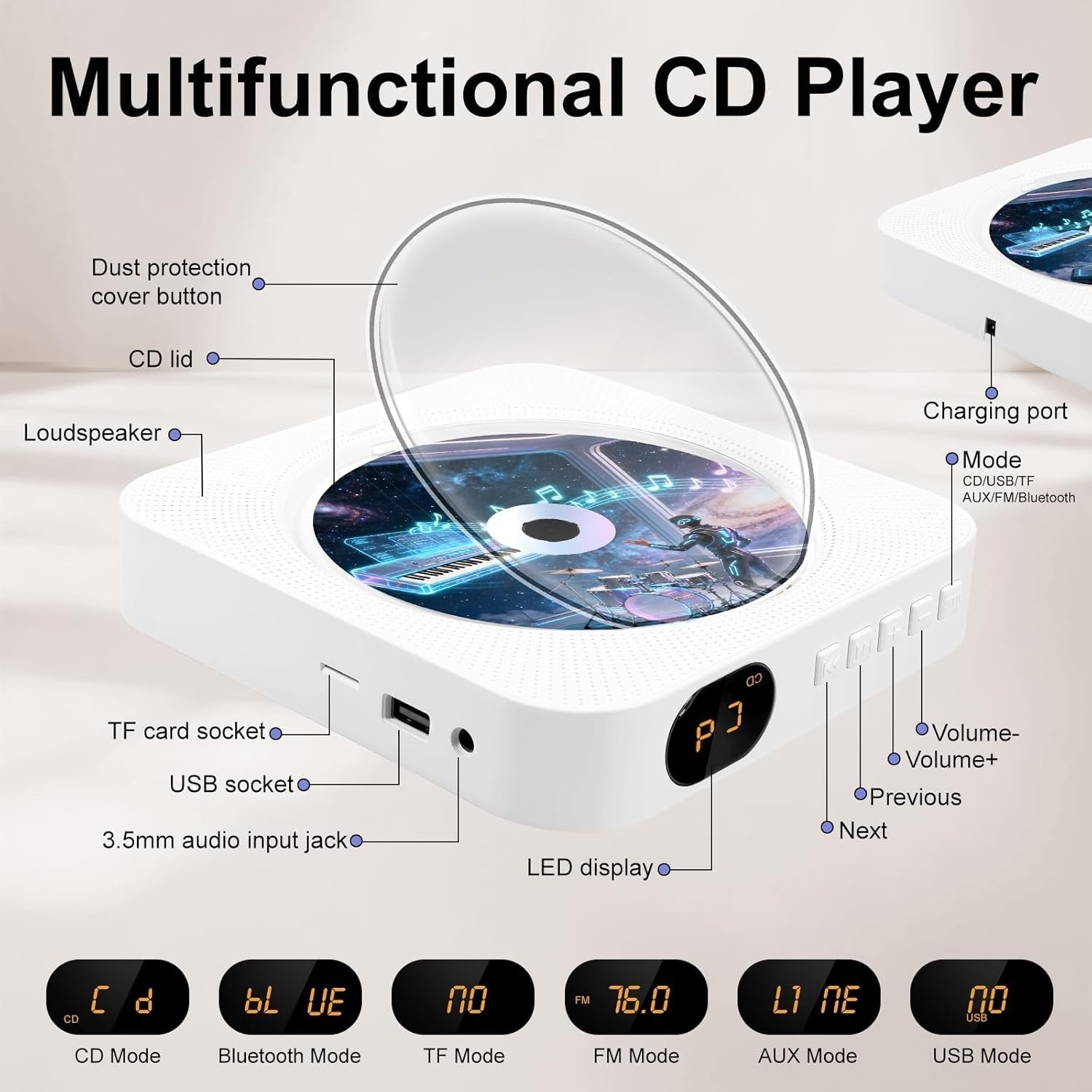 Portable Bluetooth CD Player Wall Mount HiFi Speakers FM USB TF Remote
