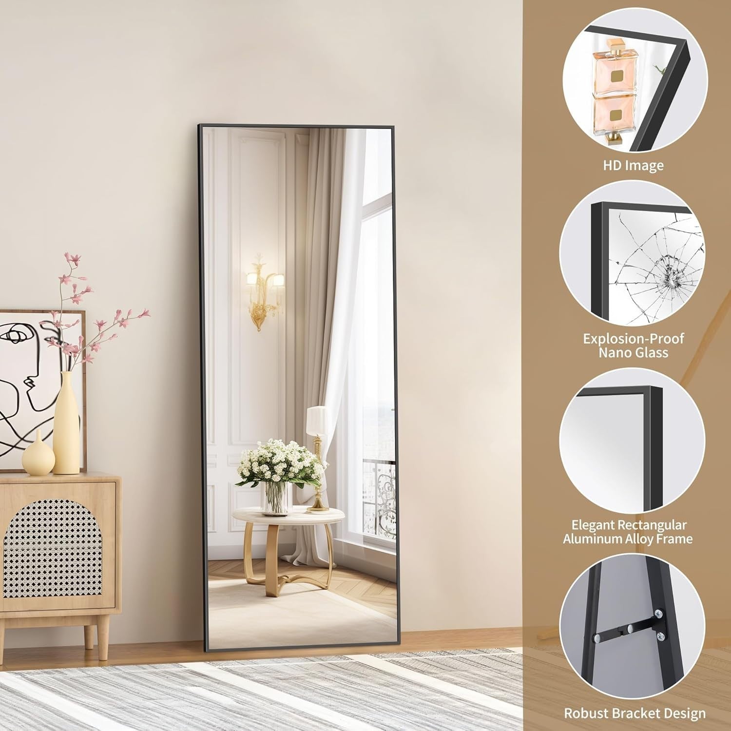 Large Full Length Wall & Floor Mirror 161x52cm Sleek Black Frame