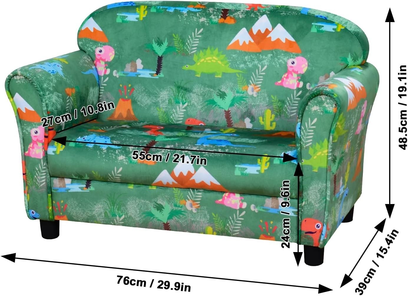 Kids 2 Seater Sofa Chair Dinosaur Pattern Upholstered Velvet Couch Green