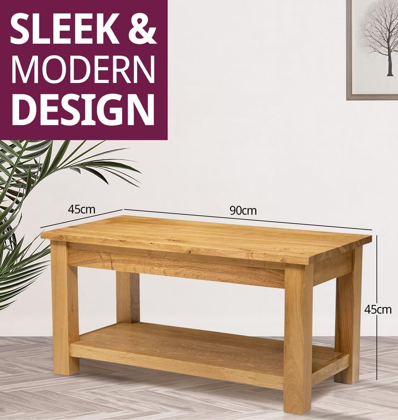 Large Solid Oak Coffee Table with Storage Shelf 90x45x45cm Durable Design