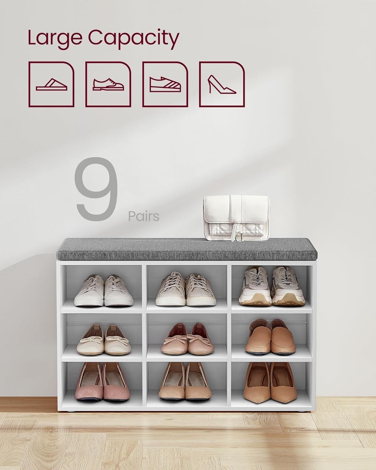Shoe Bench with Cushion Storage Seat, 9 Compartment Hallway Unit, White