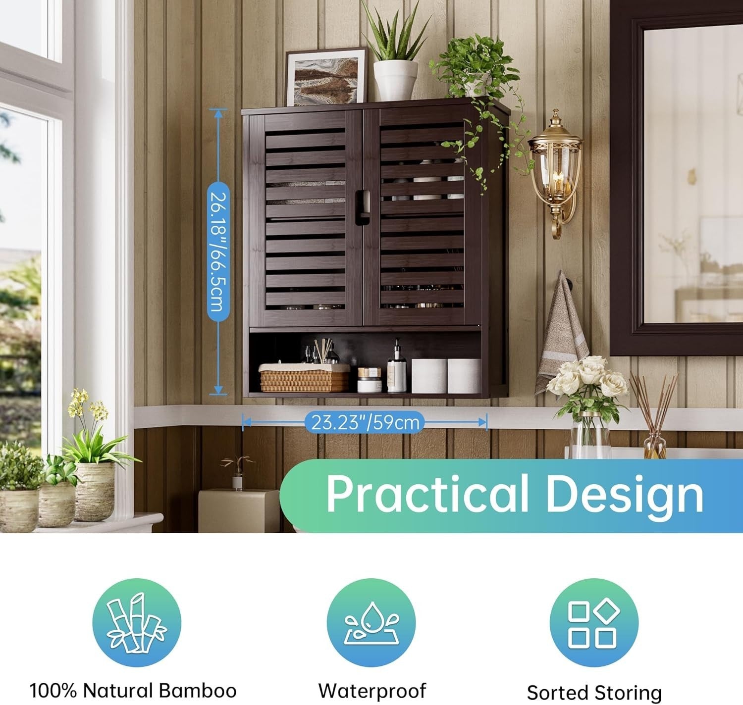 Brown Bathroom Wall Cabinet Storage – 2 Doors, Adjustable Shelves, Over Toilet