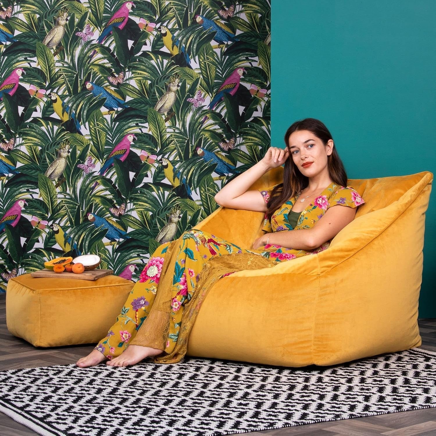 Ochre Yellow Velvet Bean Bag Chair Adult Armchair Set with Footstool