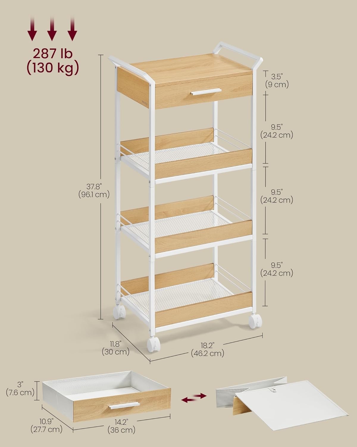 4 Tier Storage Trolley Rolling Cart with Drawer Table Top Mesh Shelves