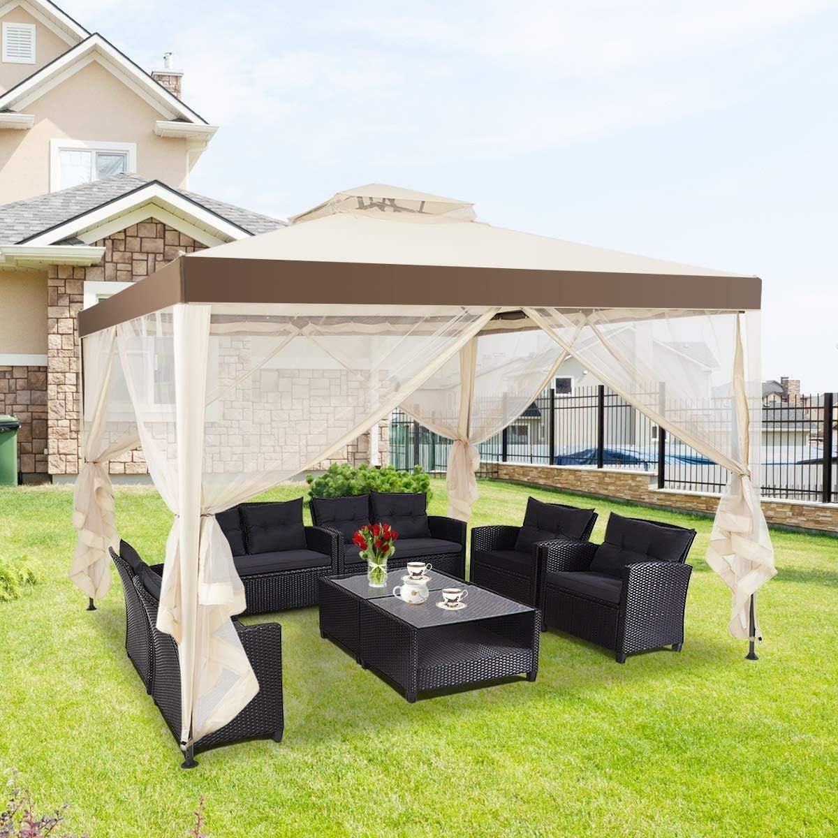 3x3M Beige Outdoor Gazebo With Zipped Mesh Sidewalls Double Roof Patio Tent