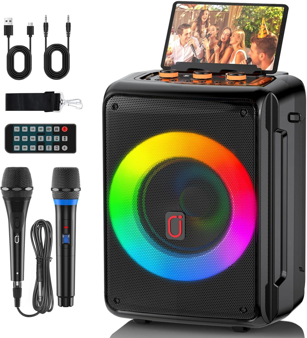 Portable Karaoke Machine 2 Mics Bluetooth 5.3 DJ Lights TWS