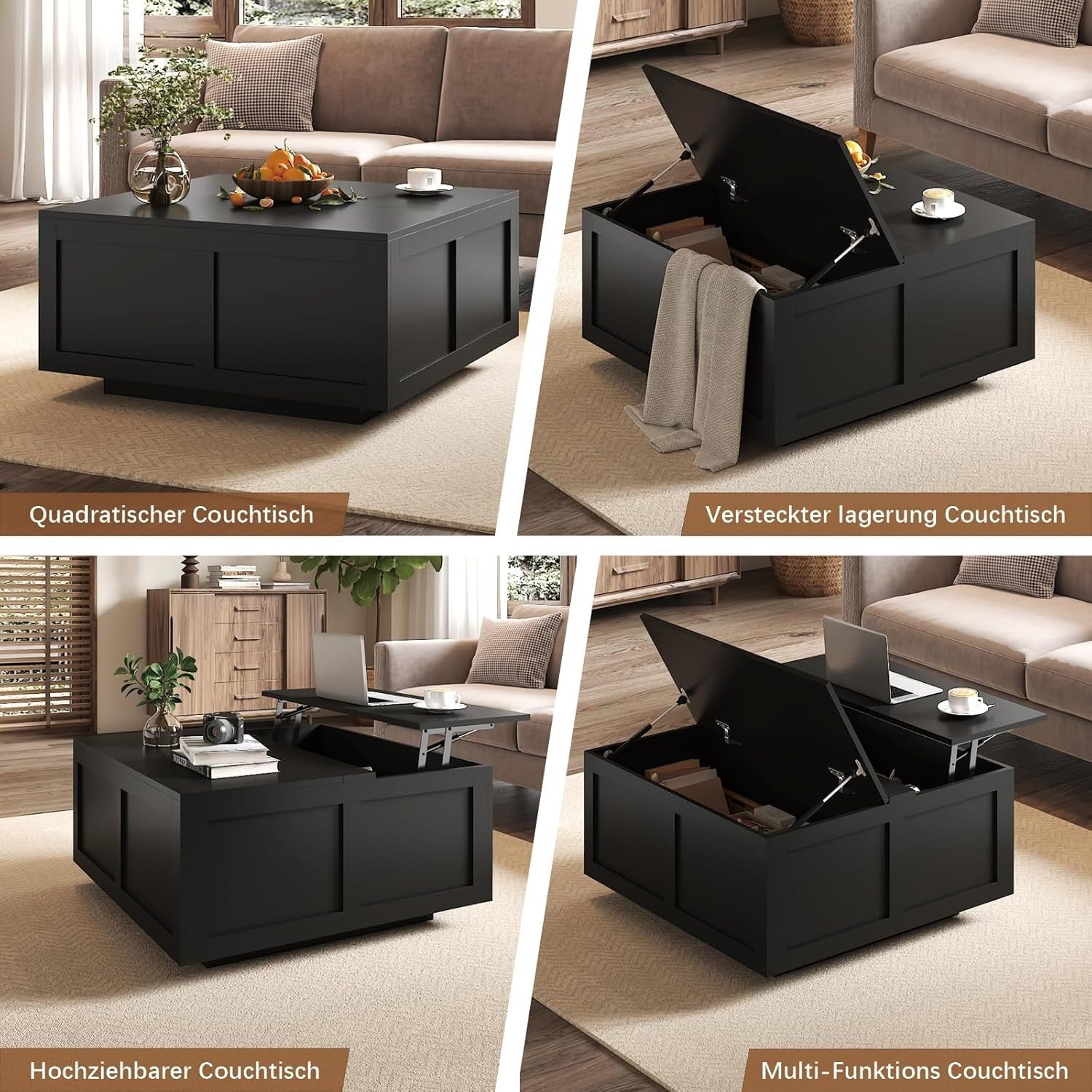 Lift Top Coffee Table with Storage, Hydraulic Lift, Hidden Compartments, Black