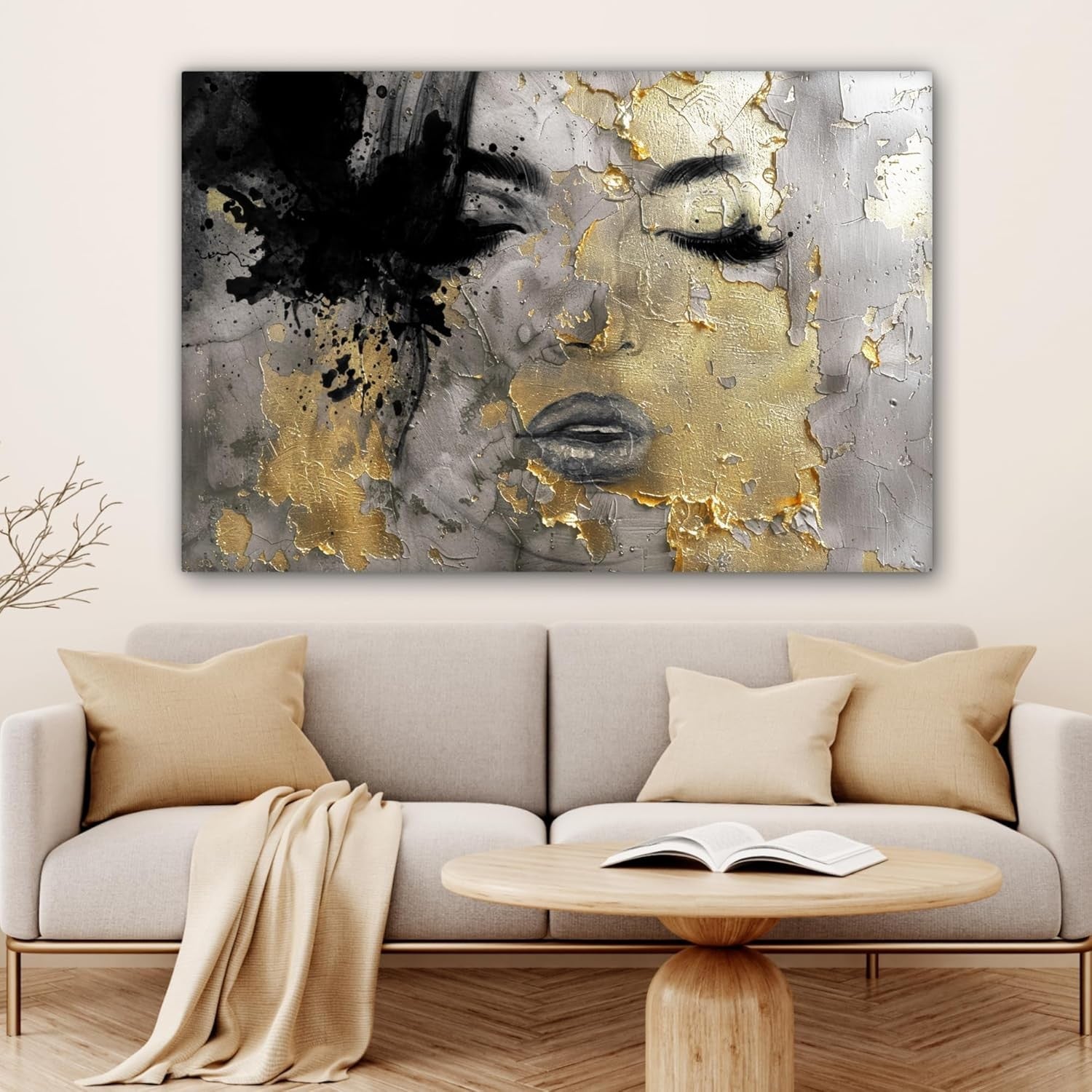 Large Abstract Woman Canvas Wall Art Gold Black 120x80cm Modern Decor