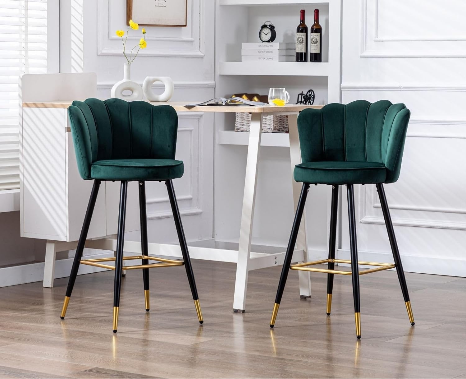 Green Velvet Bar Stools Set of 2 – Kitchen Counter Chairs
