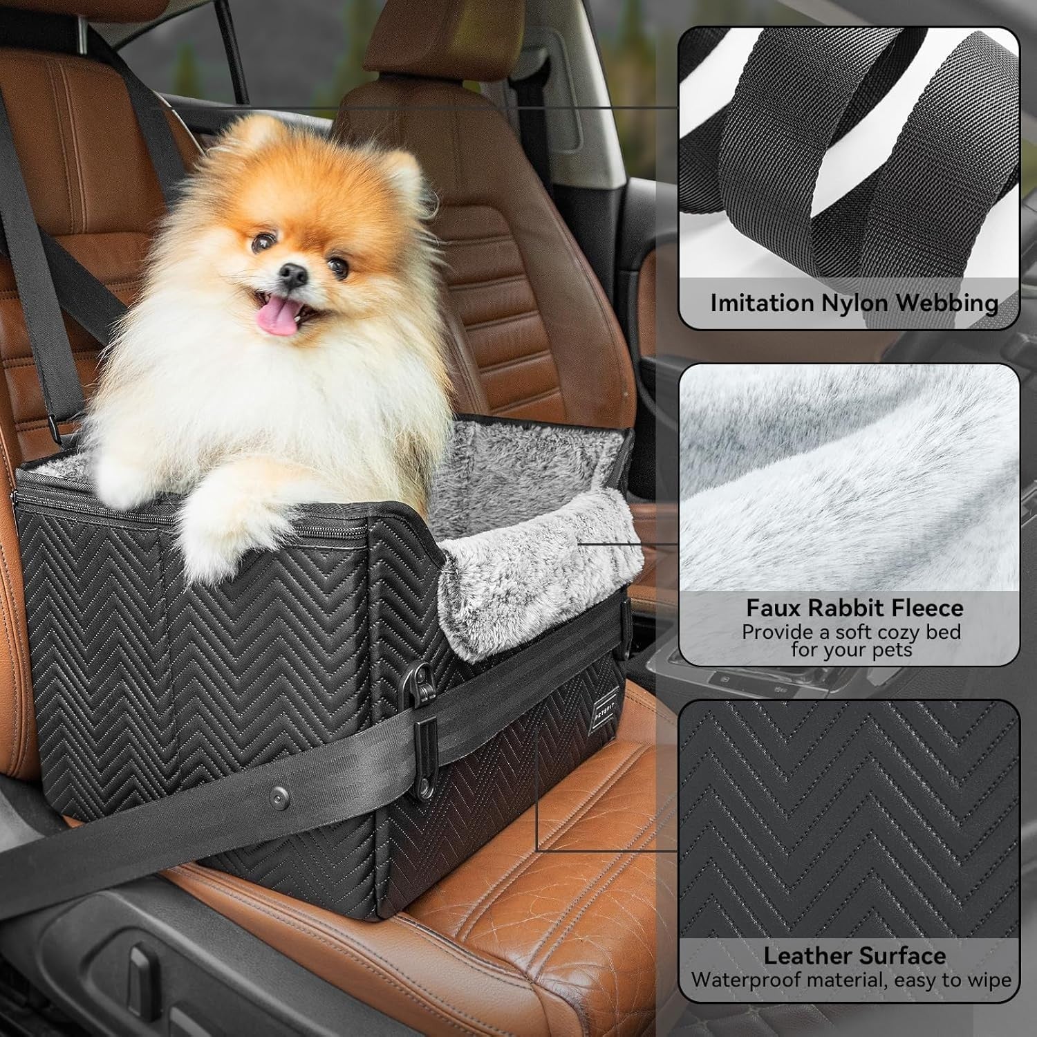 Small Dog Booster Car Seat Waterproof PU Leather Travel Bed Black
