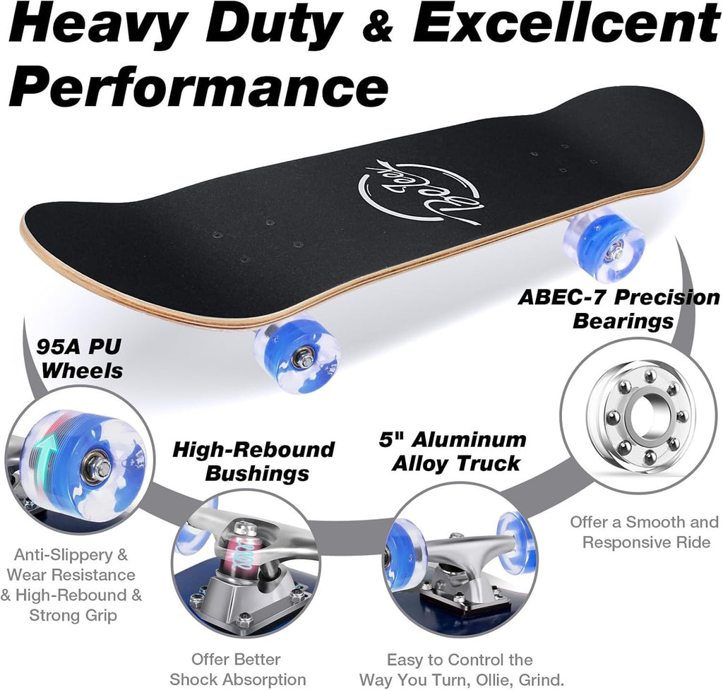 31x8 Complete Skateboard Double Kick Maple Deck Kids Teen Adult Blue