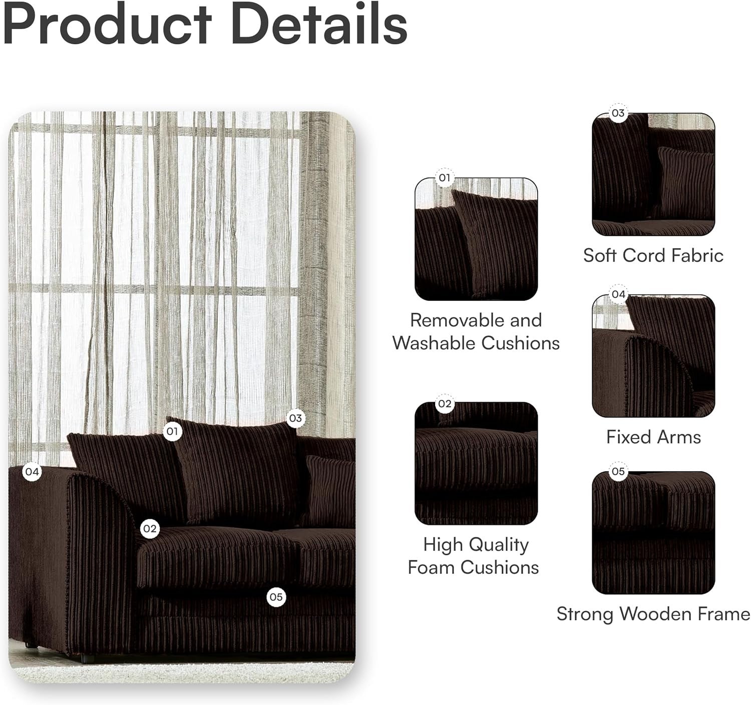 4 Seater Brown Jumbo Cord Scatter Back Left Hand Corner Sofa with Deep Seats