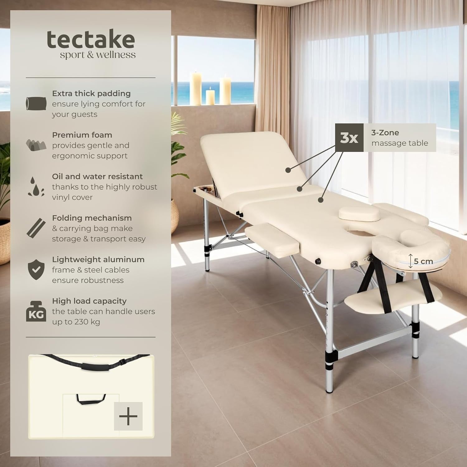 Portable 3 Section Massage Table Foldable Spa Beauty Bed 61cm Adjustable Beige