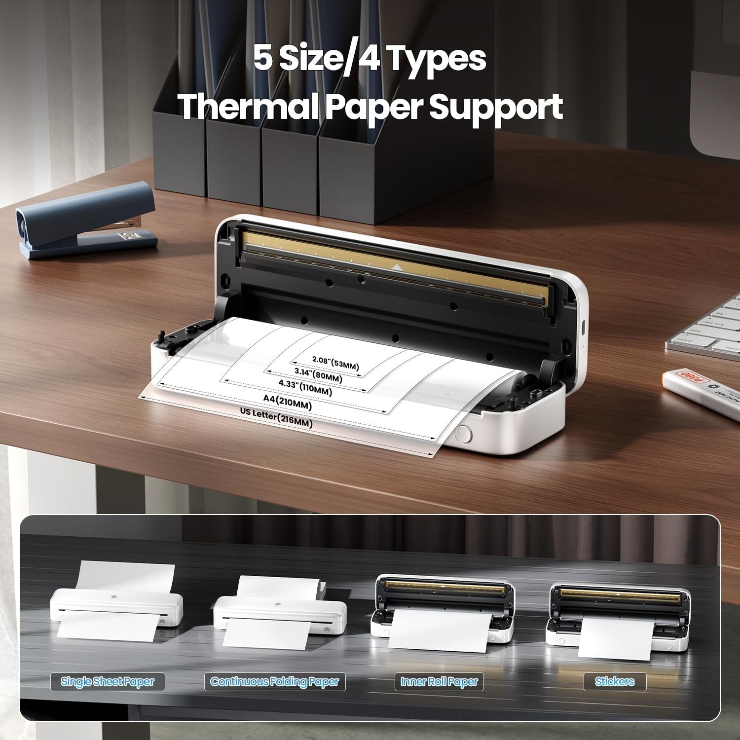 Portable A4 Thermal Printer Bluetooth Inkless 4 Rolls White