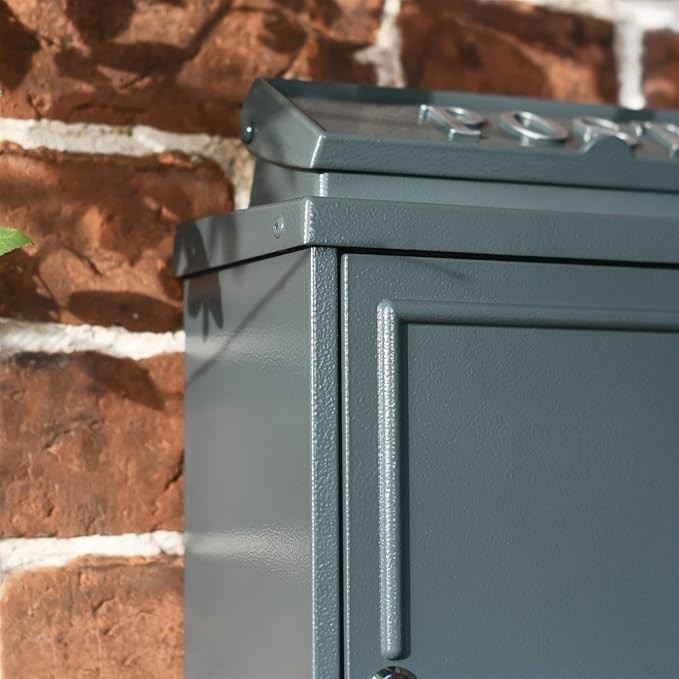 Secure Wall Mounted Post Box Grey Steel A4 Flap Lockable Outdoor Mailbox