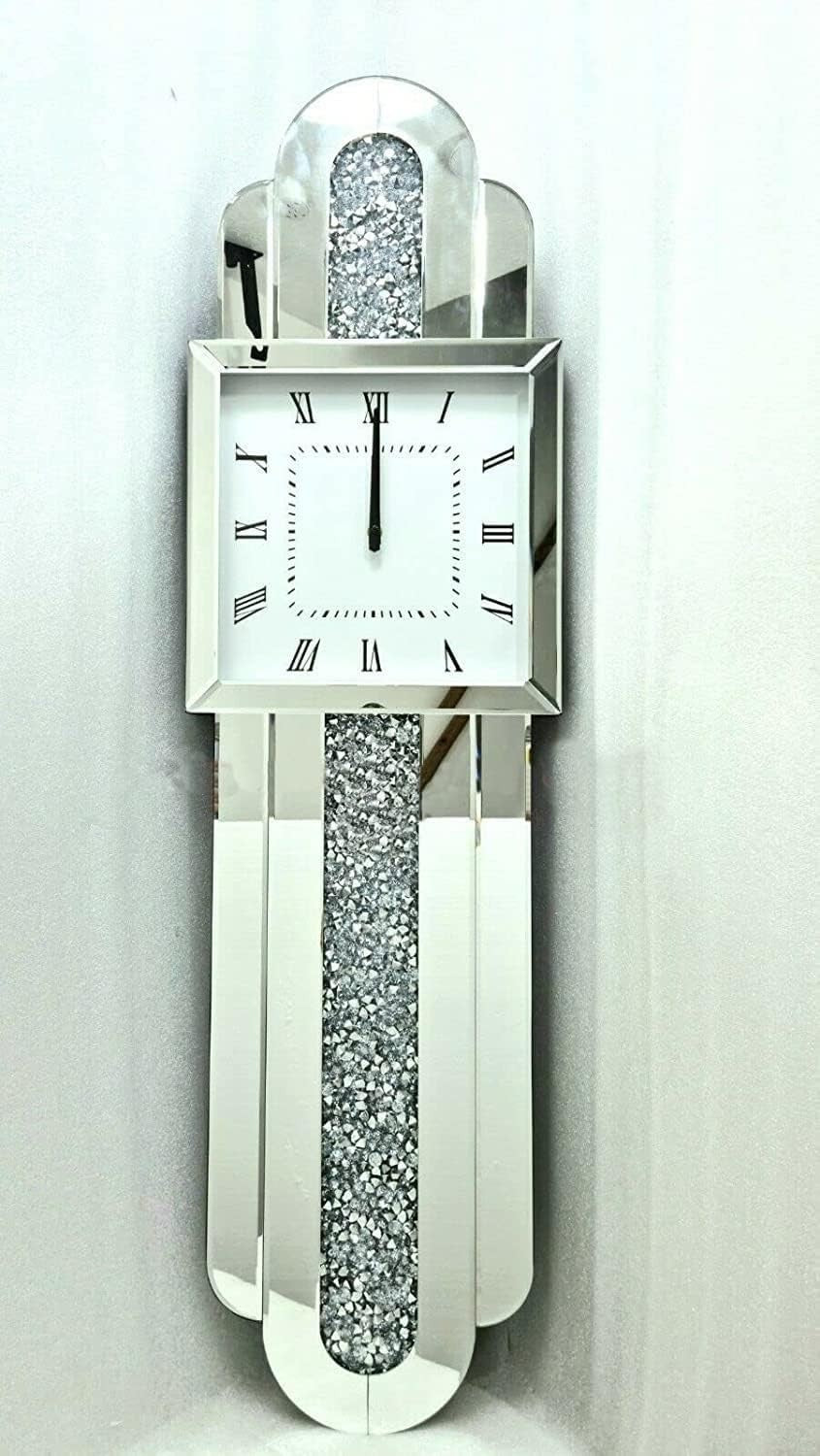 Tall Silver Wall Clock Sparkle Crystal Mirror Glass Silent Luxury 100x30cm