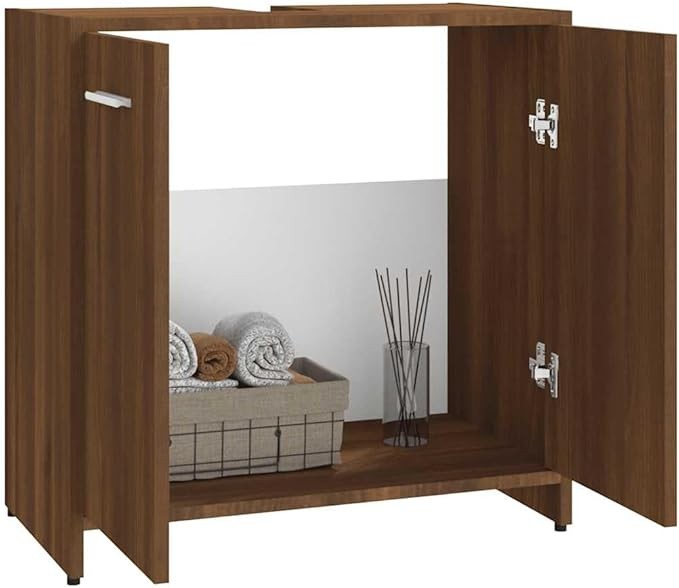Brown Oak Bathroom Sink Cabinet 60x33x60cm Modern Under Sink Storage Cupboard