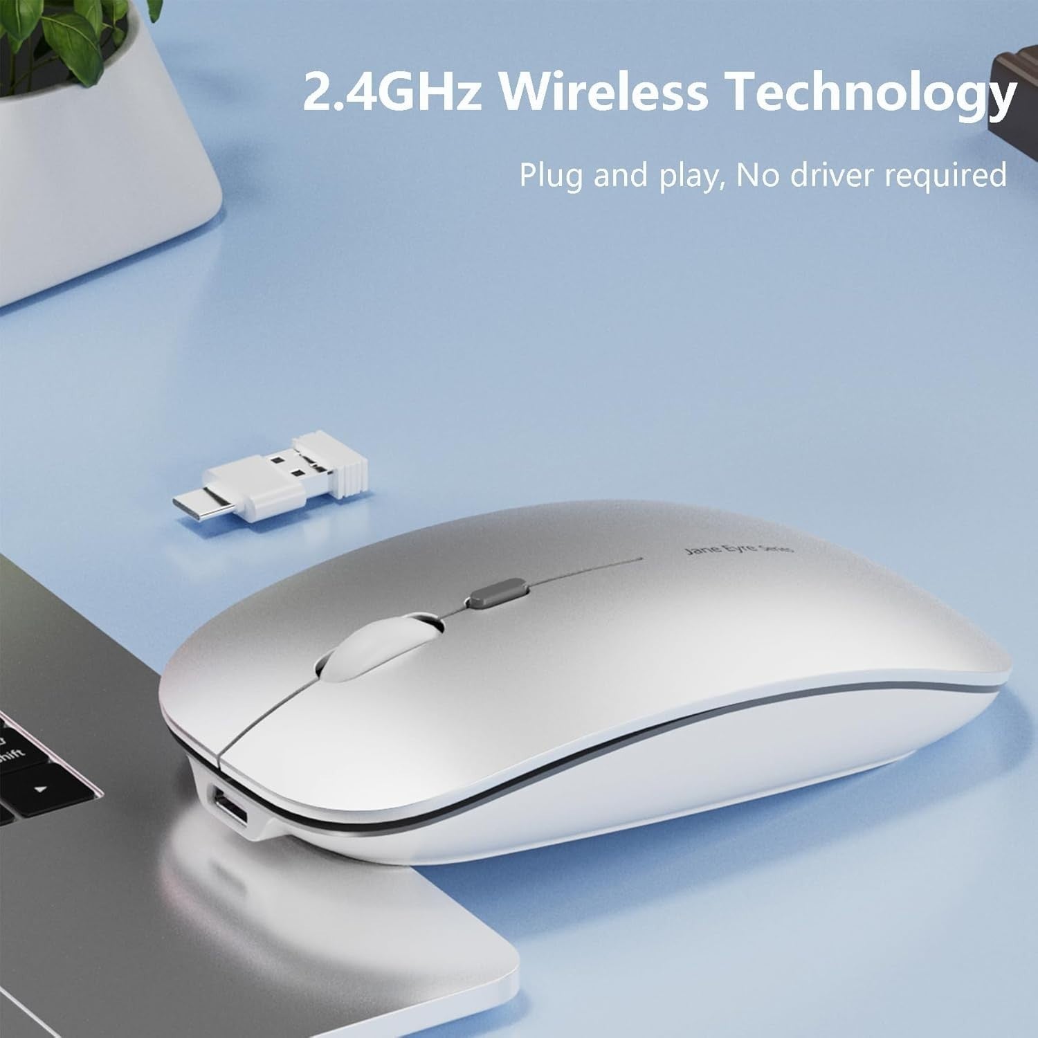 Slim Wireless Mouse Rechargeable Silent 2.4G 1600 DPI Silver