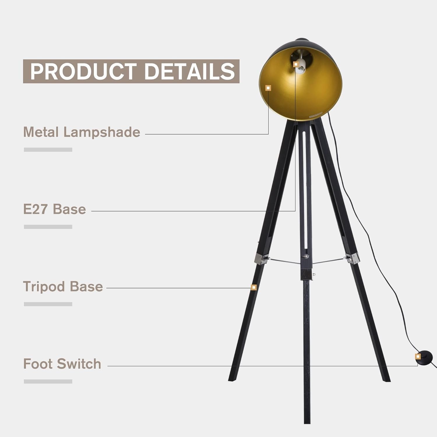 Industrial Tripod Floor Lamp Adjustable Height Spotlight Wood Legs Black Gold