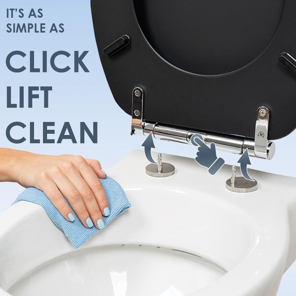 Black Soft Touch Toilet Seat Soft Close Click & Clean One Button Release 41x35cm
