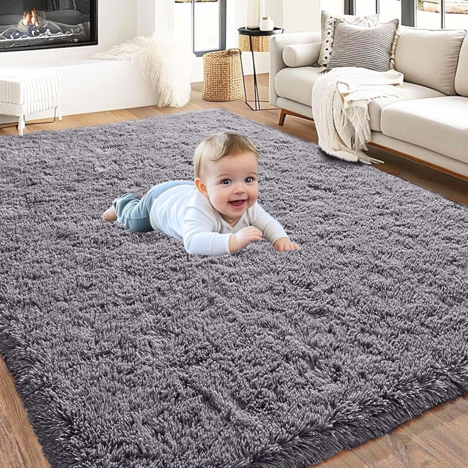Grey Shaggy Rug 160x230cm Soft Thick Fluffy Non-Slip Large Bedroom Carpet