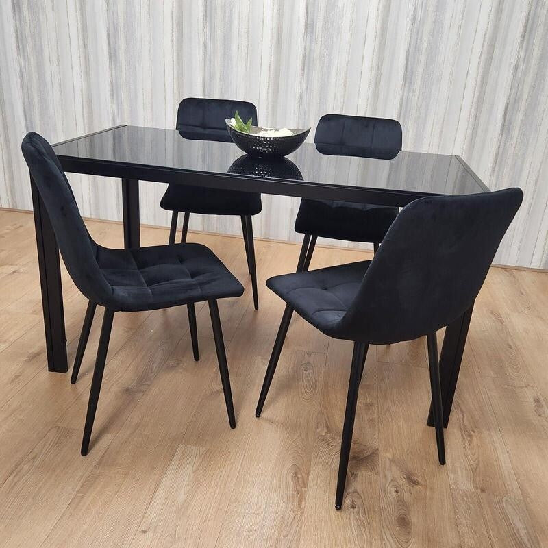 Black Glass Dining Table Set with 4 Chairs Modern Kitchen Dining Room