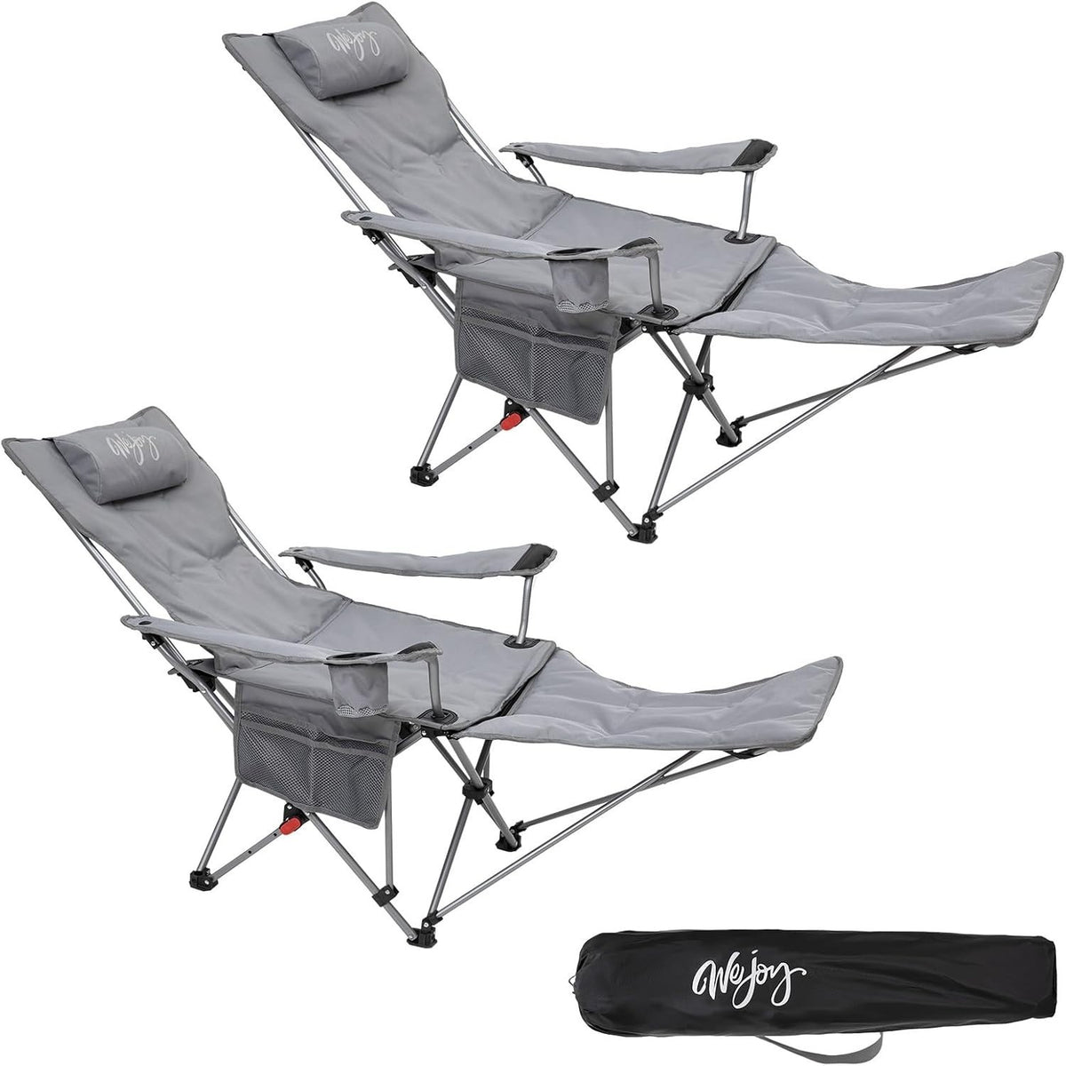 2x Reclining Folding Camping Chairs Padded Footrest Grey Cup Holder