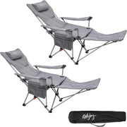2x Reclining Folding Camping Chairs Padded Footrest Grey Cup Holder