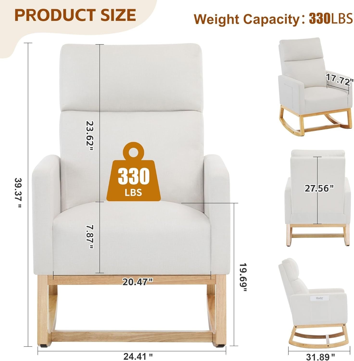 Linen Rocking Chair for Adults with High Back, Pockets & Wood Legs, Ivory