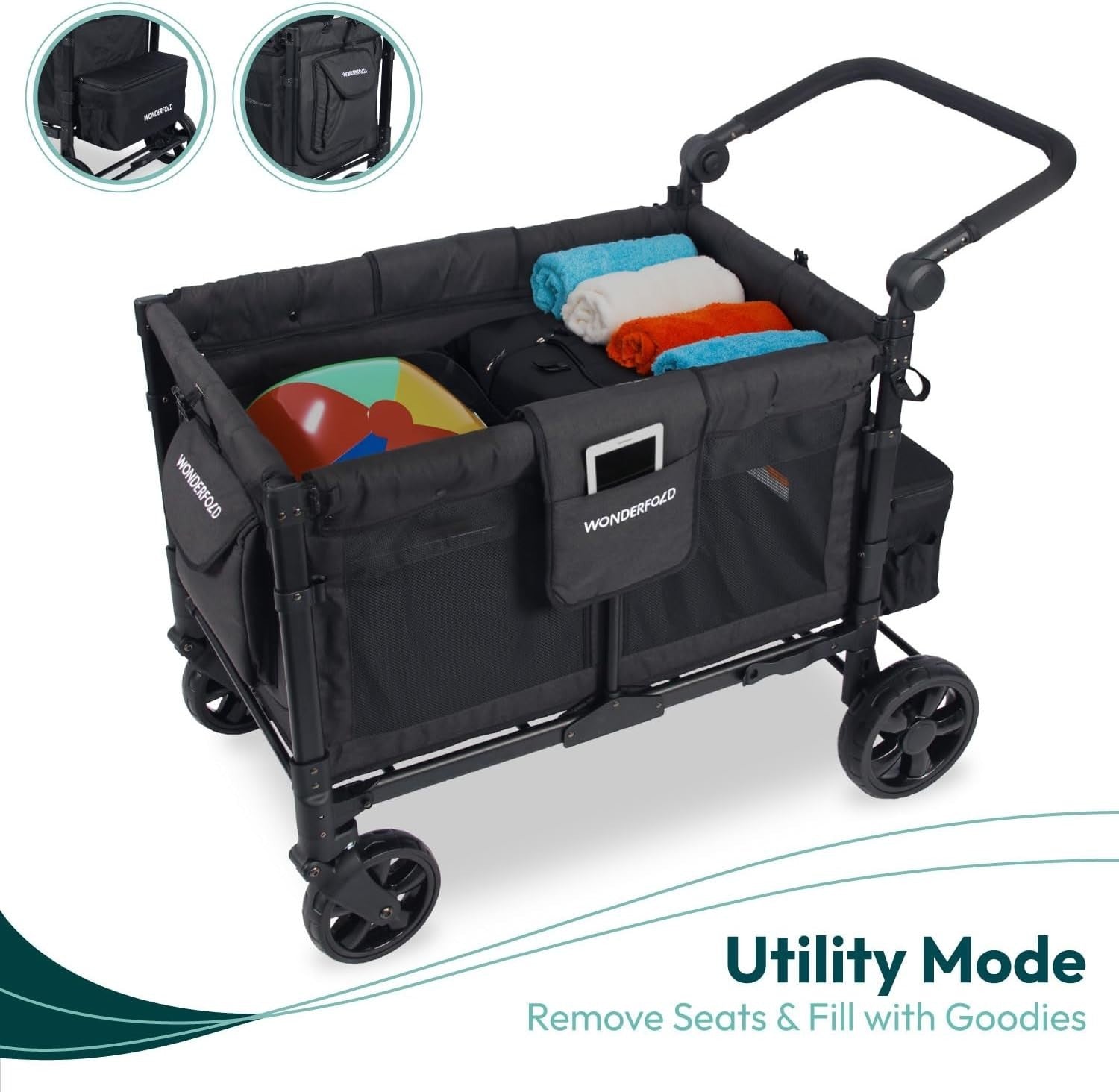 4-Seater Folding Stroller Wagon Volcanic Black w/ Canopy All-Terrain Wheels